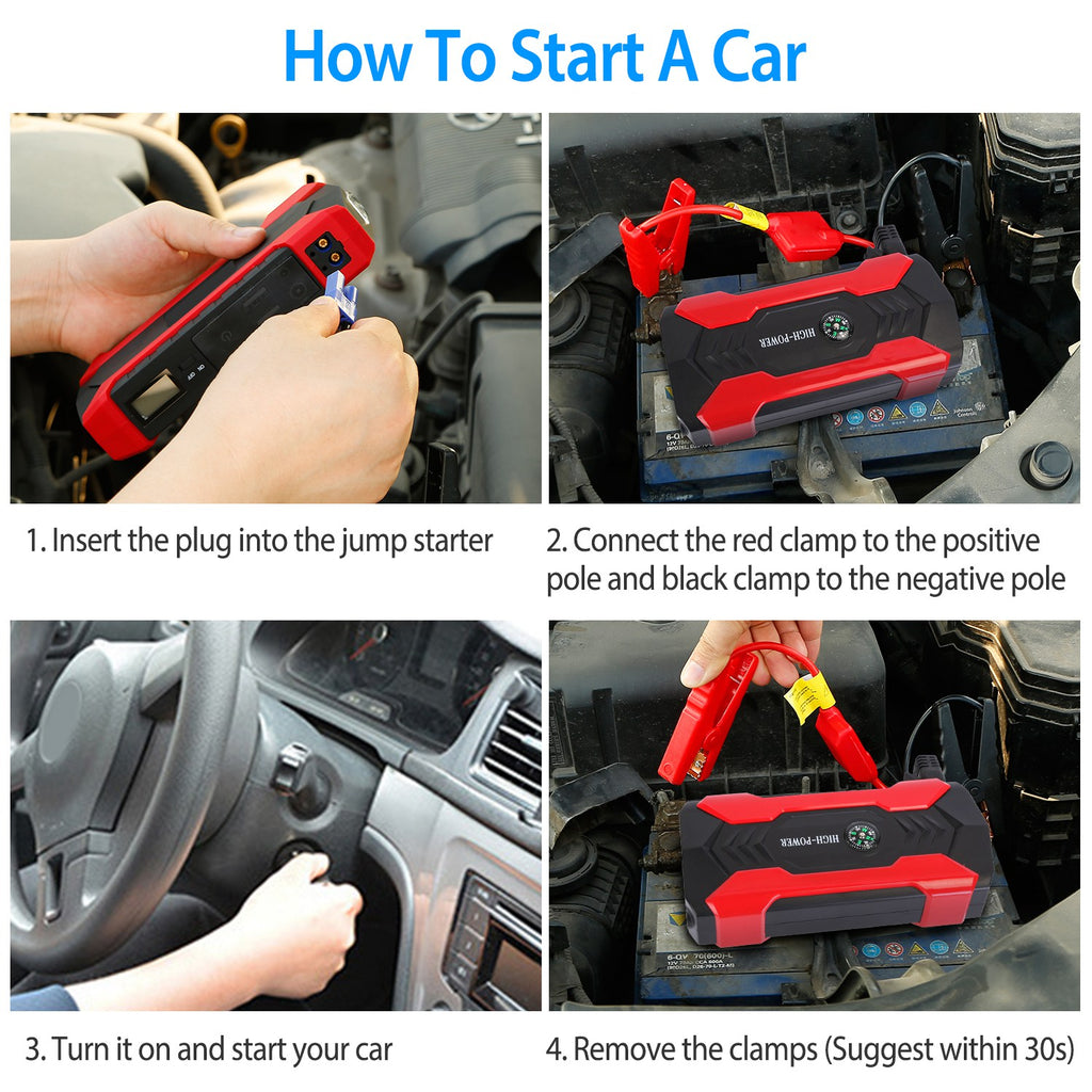 Car Jump Starter Booster 800A Peak 28000mAh 12V Battery Charger Up To 6.0L Gas Or 3.0L Diesel Engine With LCD Screen 4 Modes LED Flashlight
